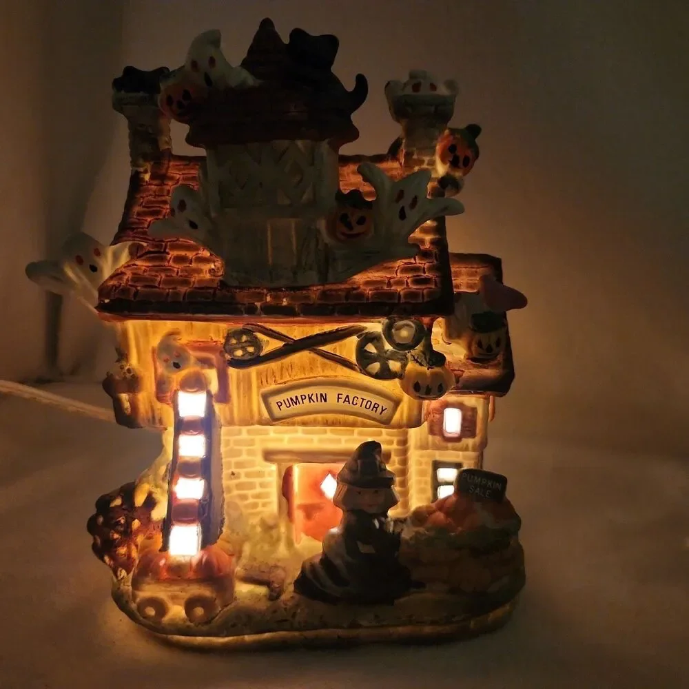 House Pumpkin Factory Lighted Porcelain Haunted Haven Witch Ghost Cat Four Star